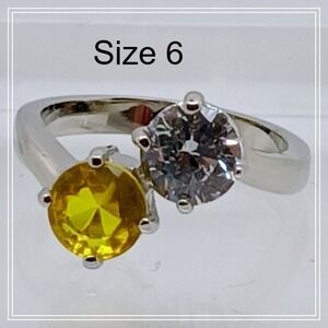 Silver Tone Bypass Ring Two Stone Yellow Sapphire Clear CZ Round Cut Size 6